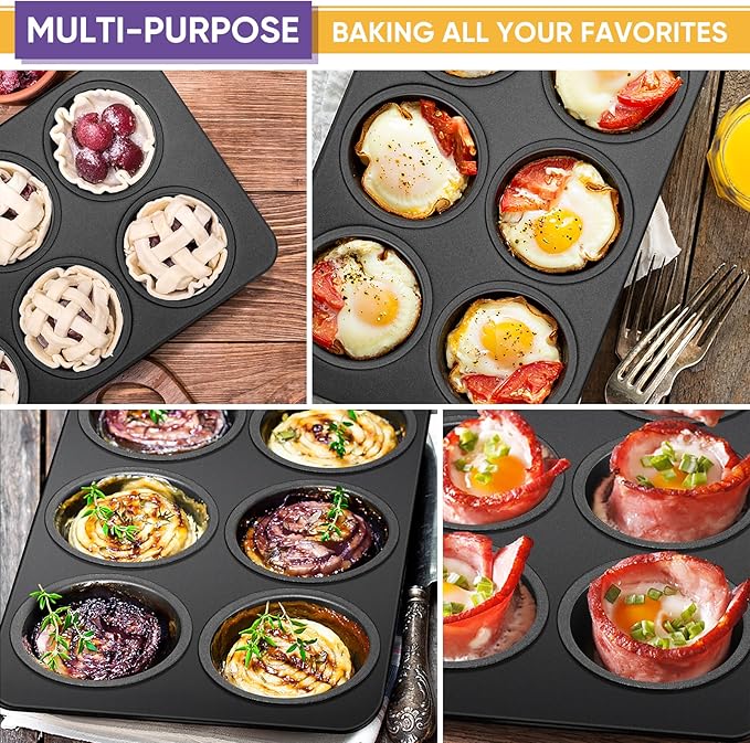 E-far Non-stick Muffin Pan Set of 2, 6-Cup Muffin Cupcake Pan Tin for Oven Baking, Easy Release & Clean, Regular Size - 11.44 x 7.12 x 1.25 Inch