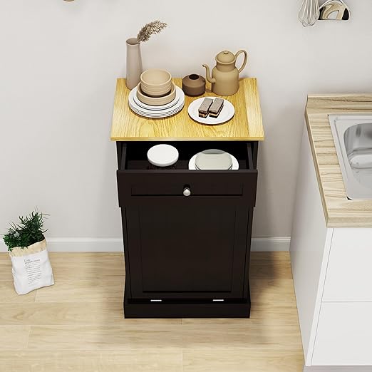 Wooden Simple Style Kitchen Cabinet, Wooden Frame with Drawers and Tilt-Out Trash Cabinet for 10 Gallon Trash Cans - 19.69'' W x 13.78'' D x 35.43'' H (Black-021)