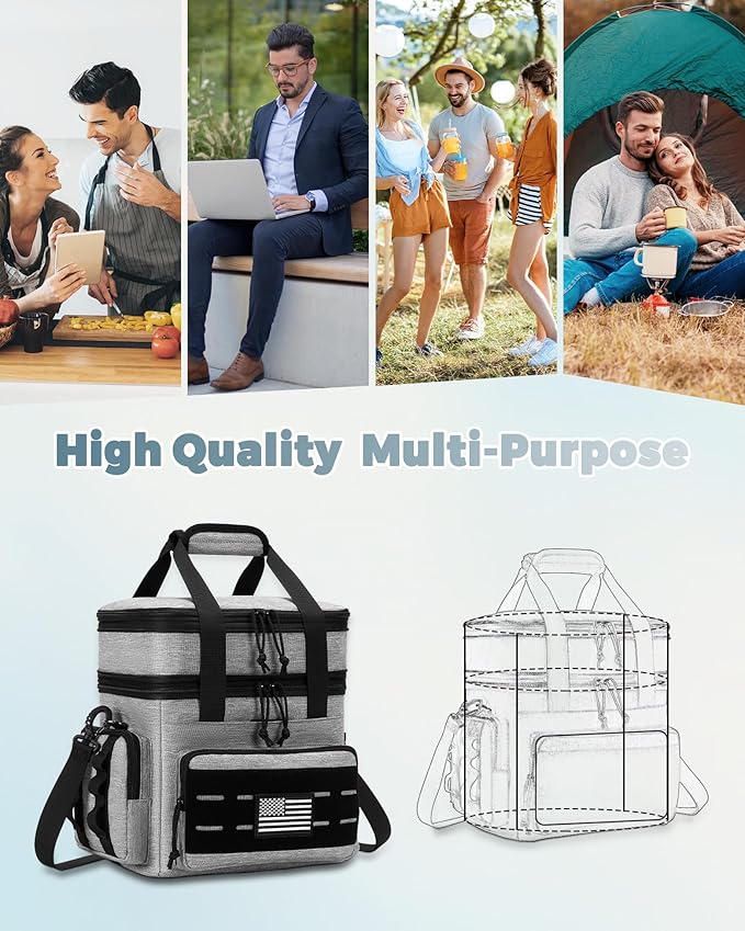 holuxer Tactical Lunch Bag & Lunch Box for Men - Large Double Deck Expandable Insulated Soft Adult Lunchbox for Work - Cooler Bag for Beach, Picnic, Camping,Outdoor,Travel (Gray,16L)