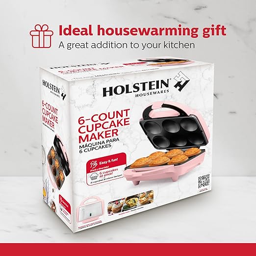Holstein Housewares Non-Stick 6-Count Electric Cupcake Maker Machine – Bakes 6 Cupcakes, Muffins, Pizza Cups, Cinnamon Buns – Perfect for Gifts, Birthdays, Holidays, or Bake Sales, Pink
