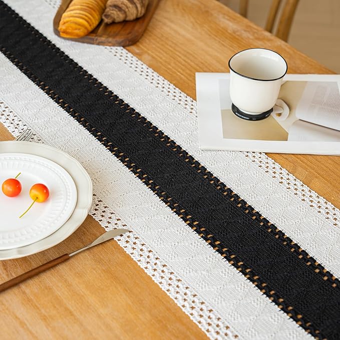 FEXIA Boho Table Runner for Christmas Home Decor with Tassels 72 Inches Long Farmhouse Rustic Black Halloween Table Runner Macrame Burlap Table Decoration for Living Room Bridal Shower(12x72 Inches)