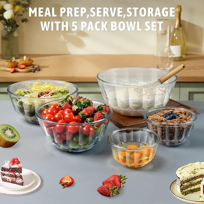Freshmage Mixing Bowls with Airtight Lids Sets, 5 Packs Thick Glass Nesting Bowls for Kitchen Baking, Meal Prepping, Bpa Free, Dishwasher Safe, 0.5/0.8/1.6/2.7/4.4 Qt