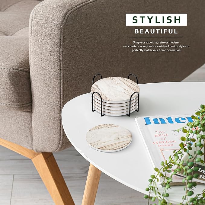 Coasters Set of 6 for Drinks, Beer, Coffee, Coasters for Drinks Absorbent Stone with Holder, Marble Style Ceramic Drink Coaster for Tabletop Protection and Home Decor, Suitable for Kinds of Cups