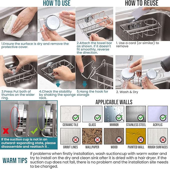 TAILI 4-in-1 Sponge Holder for Kitchen Sink with Strong Suction Cup Removable, Rustproof Stainless Steel Sink Caddy for Sponge, Brush, Scrubber, Scraper -Silver