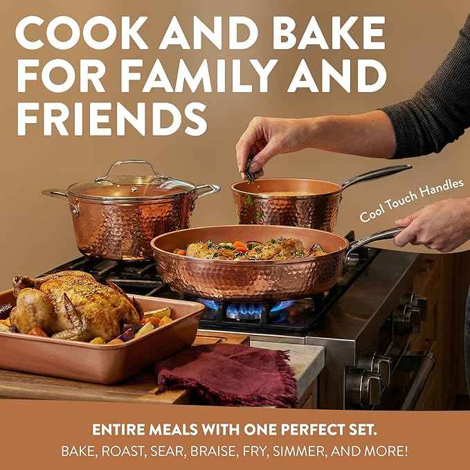 Gotham Steel Hammered 24 Pc Ceramic Cookware Set Nonstick, Induction Ceramic Pots and Pans Set Non Stick with Deep Square Pan Set & Bakeware Set, Non Toxic PFOA PFOS Free, Oven & Dishwasher Safe