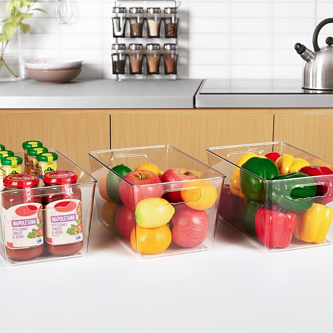 YIHONG Clear Plastic Storage Organizer Bins, 4 Pack Pantry Food Storage Bins with Handle for Kitchen,Refrigerator, Freezer,Cabinet Organization and Storage