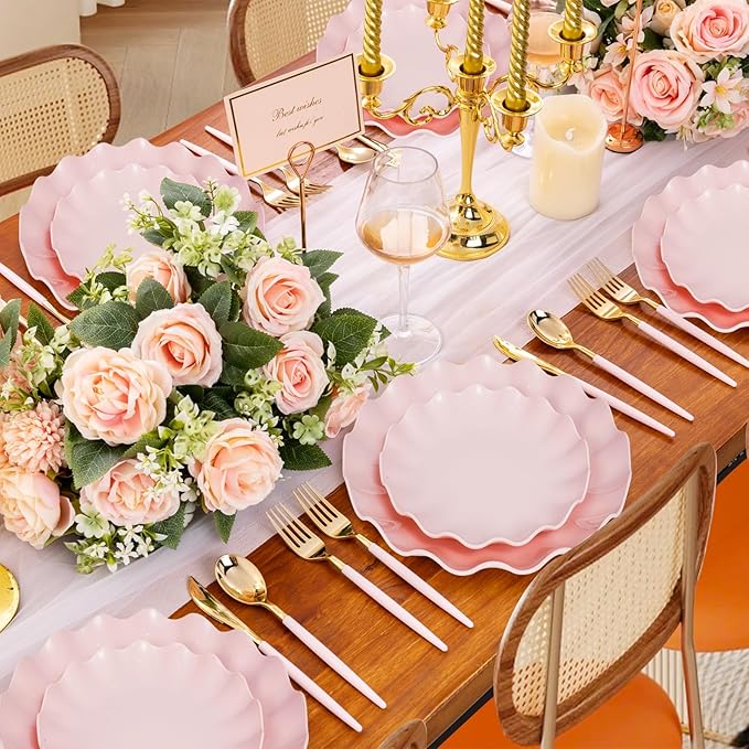 LIYH 50 Pcs Pink Plastic Plates Reusable - Durable and Dishwasher Safe Baby Shower Plates Wavy Daisy Plastic Flower Plate for Party Wedding Birthday Picnics BPA Free (25Guests)