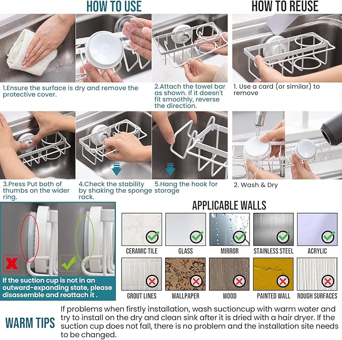 TAILI Sponge Holder with Strong Suction Cup, 4-in-1 Rustproof Sink Organizer - Sink Caddy Holds Sponges, Brushes, Stoppers & Scrapers -White