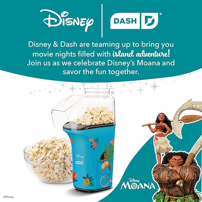 Disney Dash Fresh Pop Popcorn Maker - Oil-Free, Air Popcorn Popper - With Measuring Cup & Recipe Guide - Perfect for Movie Nights - 16 Cups, Moana