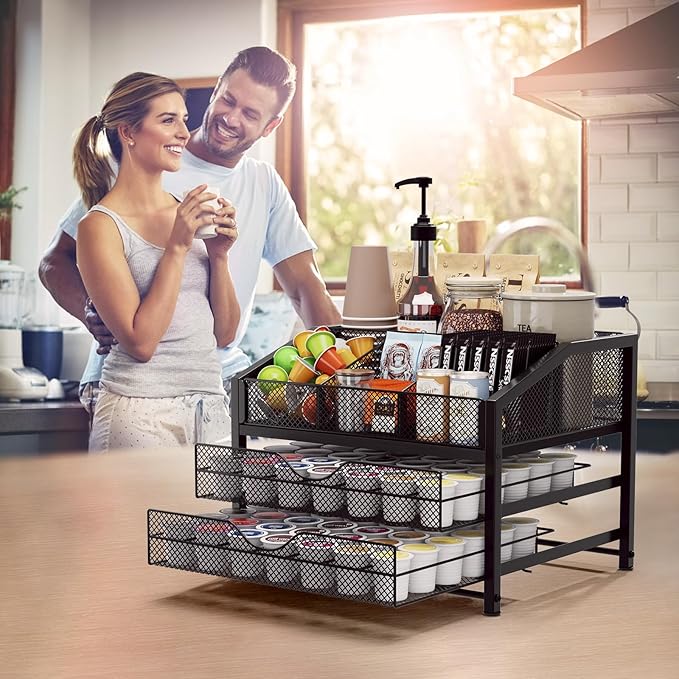 Homsorout Coffee Bar Organizer - Coffee Station for Countertop, Metal and Wood K Cup holder Storage Basket for Syrup, Cups, Stirrer, Condiment, Tea Organizer, Black