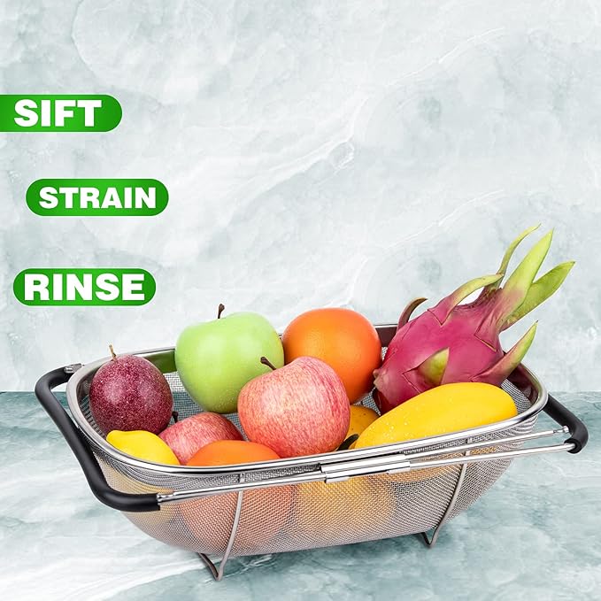Tiawudi 6-Quart Large Over The Sink Colander, Heavy Duty 40% Thicker 18/8 Stainless Steel Fine Mesh Strainer Basket with Expandable Rubber Grip Handles - Strain, Drain, Rinse Fruits, Vegetables