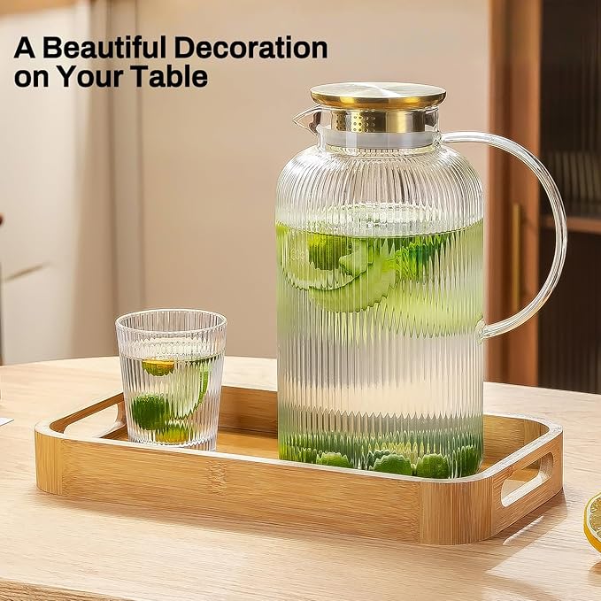 Buaic Glass Pitcher with Lid, 100 oz/ 3 Liter Classic Vertical Stripes Water Pitcher,Glass Water Carafe for Cold Brew, Coffee, Lemonade, Iced Sun Tea,Beverage, Milk, Heat Resistant