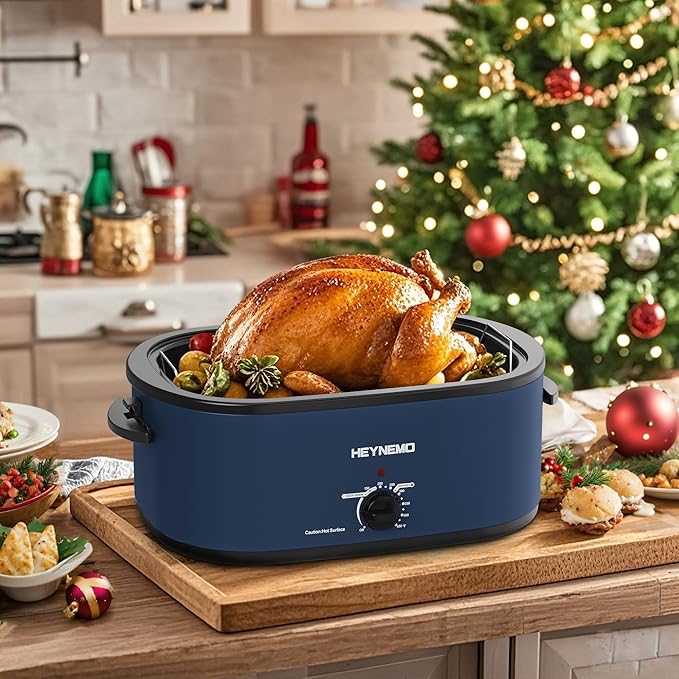 26QT Electric Roaster Oven, Electric Turkey Roaster with Viewing & Self-basting Lid, Stainless Steel Turkey Roaster Oven, Blue