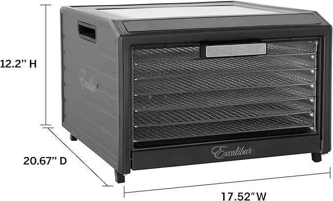 Excalibur Electric Food Dehydrator Performance Series 6-Tray with Adjustable Temperature Control Includes Stainless Steel Drying Trays Glass Door Top View Window and LED Display Progress Bar, Black