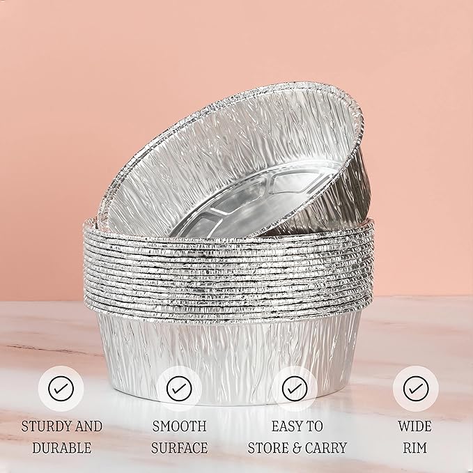 PLASTICPRO 8'' Inch Round Tin Foil Pans Disposable Aluminum, Deep Freezer & Oven Safe - For Baking, Cooking, Storage, Roasting, & Reheating, Pack of 50