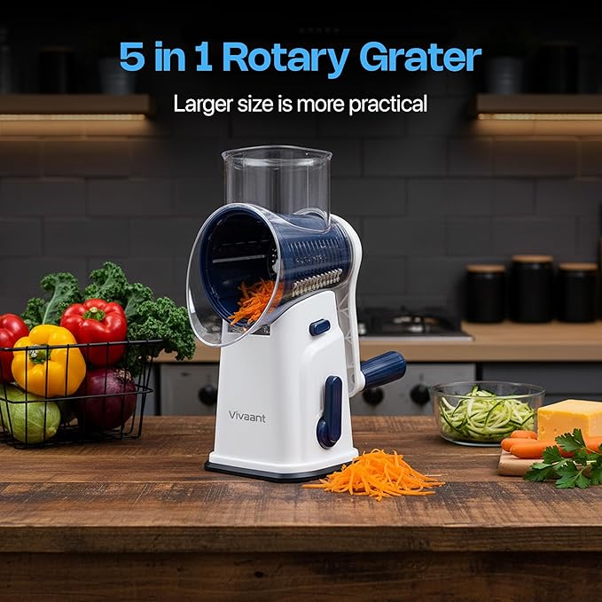 Rotary Cheese Grater with Handle, Cheese Shredder Hand Crank with Suction Base & 5 Interchangeable Blades, Multi-Functional Food Chopper for Vegetables, Nuts & Chocolate - Easy to Use & Clean