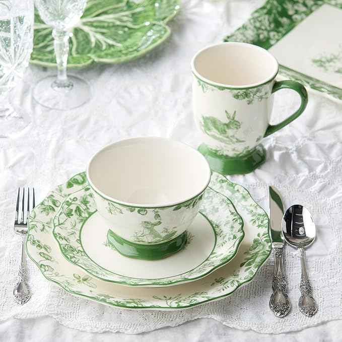Le Jardin Bunny 16-Piece DINNERWARE SET, SERVICE FOR FOUR – Elegant Stoneware Plates, Bowls & Mugs for Springtime, Easter, Garden Parties & Everyday Charm – Scalloped Floral Toile Design