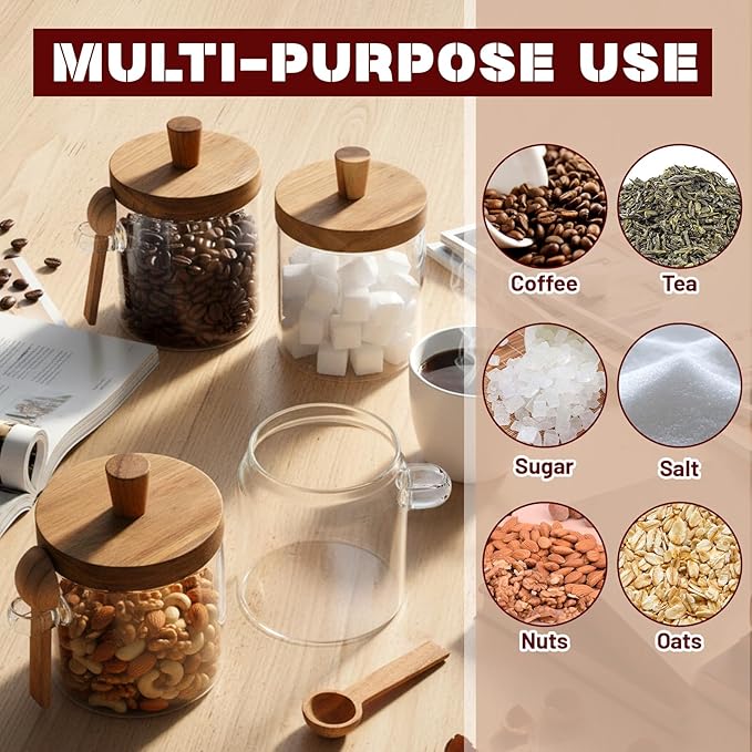 Remerry Set of 6 Glass Jar with Wooden Lid and Spoon, Clear Airtight Spice Canisters Glass Food Storage Kitchen Containers Set for Coffee Bean Tea Sugar (13.5 oz)