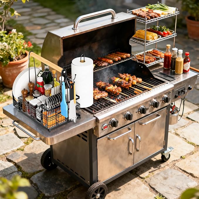 Grill Caddy, BBQ Caddy with Paper Towel Holder & Utensil Holder, Picnic Caddy Organizer for Outdoor Cooking, Tailgating, Camping | Must-Have for Patio, RV, Camper