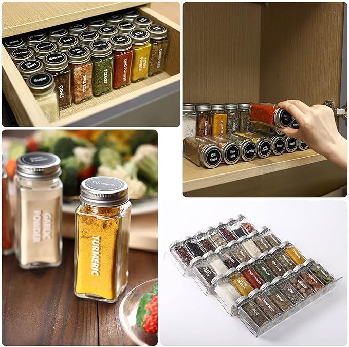 Antimbee 28 Pcs Clear Glass Spice Jars,3.5 oz Glass spice jar with 324 labels, Funnel,Chalk Pen,Shaker Lids and Airtight Metal Caps, Empty Square Spice Bottles for Spice Rack, Cabinet, Drawer