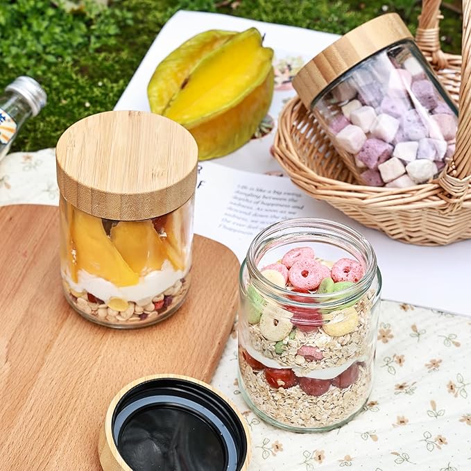 6 Pack 16oz Glass Overnight Oats Jars - Airtight Containers with Bamboo Lids, Wide Mouth Mason Jars for Salad, Yogurt, Snacks & Food Storage