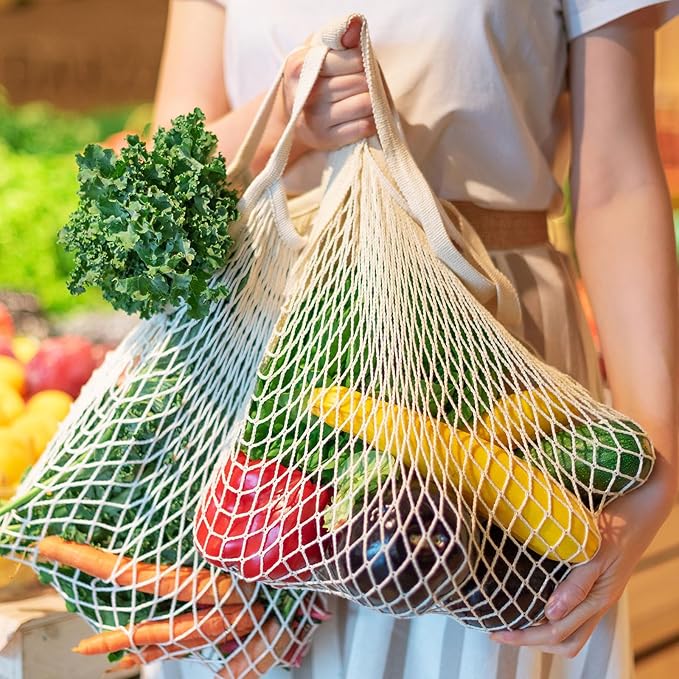 Woanger 24 Pcs Reusable Cotton Mesh Produce Shopping Bags Washable Grocery Net Portable Fruit and Vegetable Cotton String Bags Long Handle Net Tote Organizer(Short Handle)