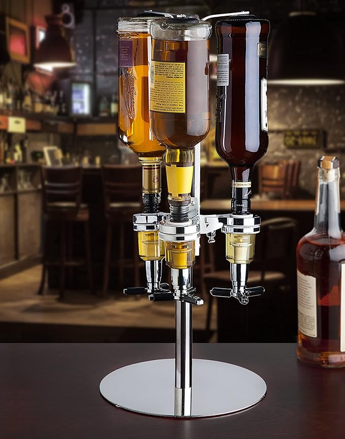 Godinger 3-Bottle Revolving Liquor Dispenser, Stainless Steel Bottle Rack