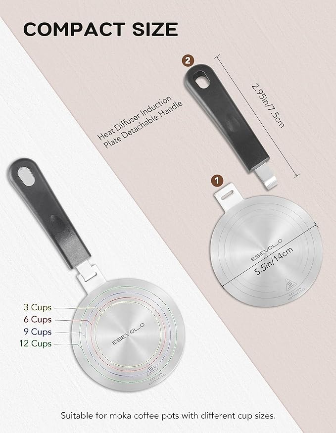 Induction Adapter Plate Detachable, 5.5 Inch Stainless Steel Heat Diffuser Plate for Moka Pot 12 Cup, Heat Diffuser Cooking Induction Adapter for Gas Stove and Glass