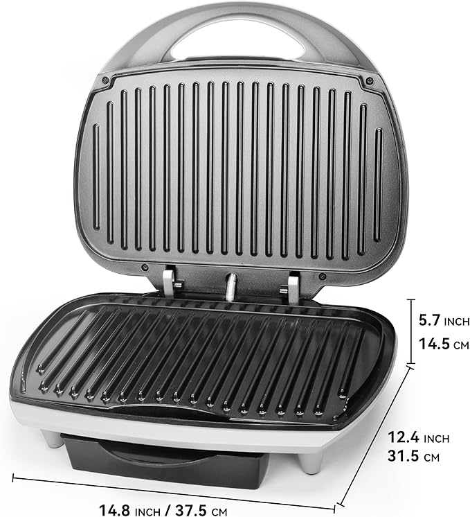 SugarWhisk Family-sized Contact Grill, 6-Serving Electric Indoor Grill with Adjustable Temp Control, Ceramic Coating, 1500W, Silver
