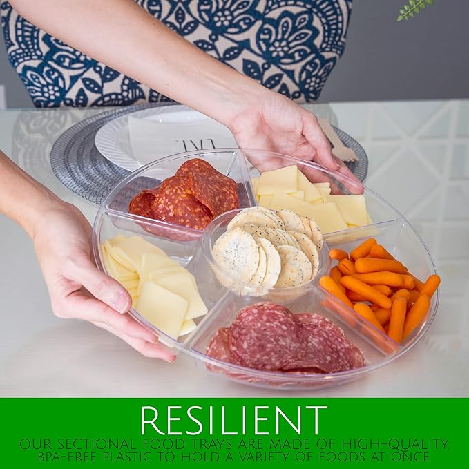 Plasticpro 6 Sectional Round Plastic Serving Tray/Platters Clear Pack of 8