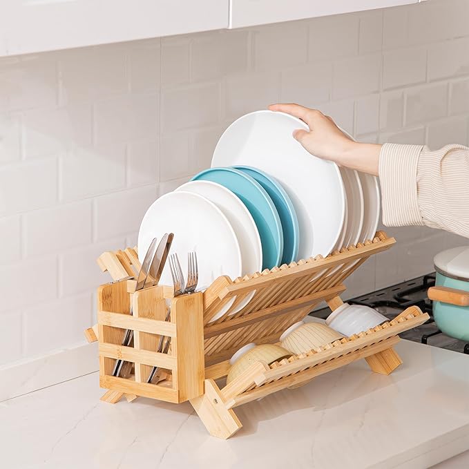 HBlife Bamboo Dish Drying Rack with Utensils Flatware Holder Set, 3-Tier Large Folding Drying Holder for Kitchen Counter, Collapsible Drainer