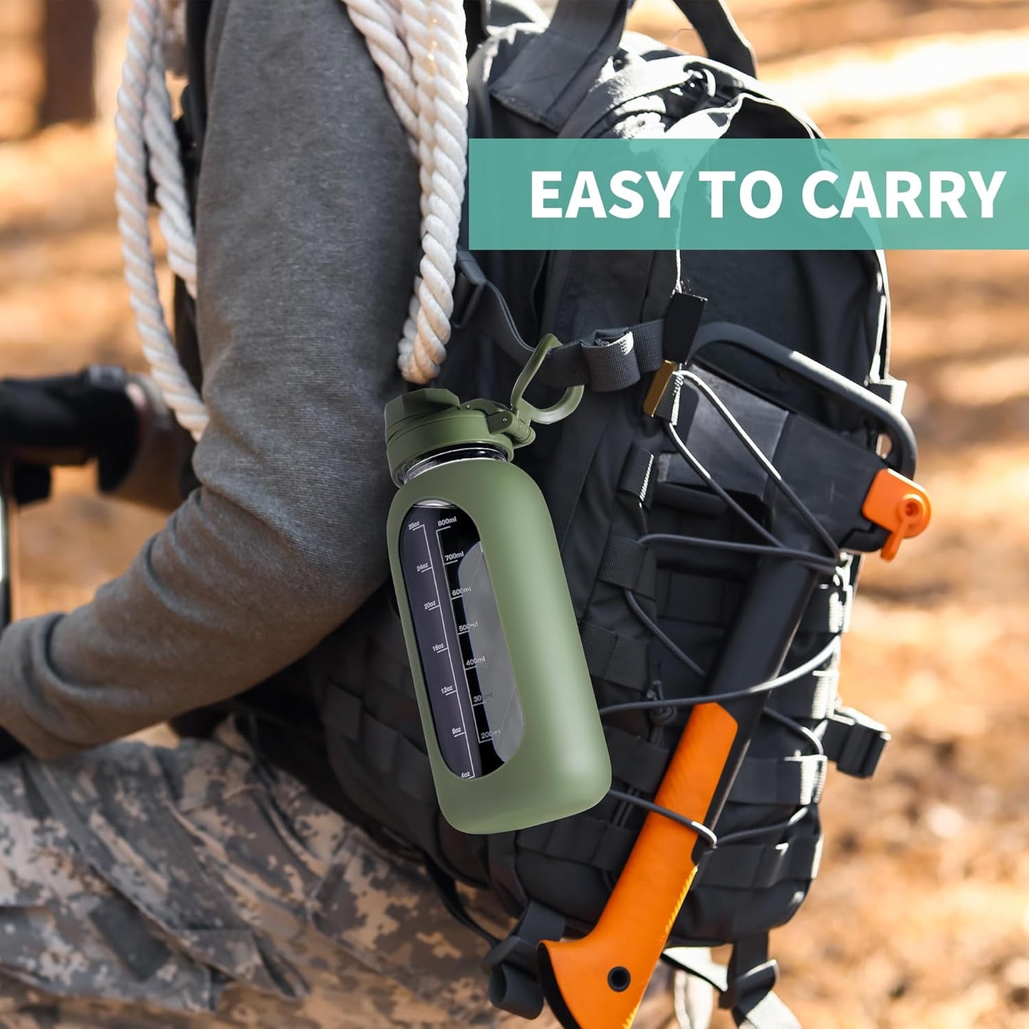 CIVAGO 32 oz Glass Water Bottle with Straw and Handle, Large Sports Motivational Water Bottle Flask with Time Marker and 2 Lids, Leakproof Water Jug Canteen with Silicone Sleeve for Gym,Mauve