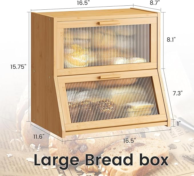 GHWIE Double Layer Bamboo Bread Box for Kitchen Counter,Large Capacity Bread Storage Bin,Bread Container with Acrylic Wavy Door Panel (Natural, Extra Large)