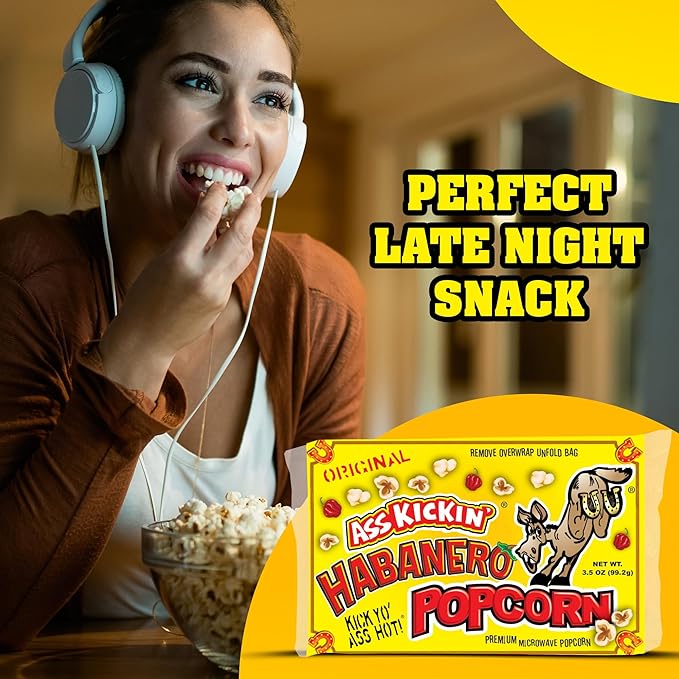 ASS KICKIN' Habanero Microwave Popcorn Bags - 12 Pack - Ultimate Spicy Popcorn Gourmet Gift - Makes a Great Movie Theater Popcorn or Snack Food for Movie Night