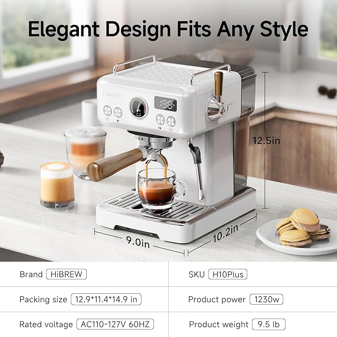 HIBREW H10Plus - Programmable Espresso Machine - 58mm Portafilter in Stainless Steel - Temperature & Cup Volume Adjustable at will - With Intelligent Display Screen & Pressure Gauge.