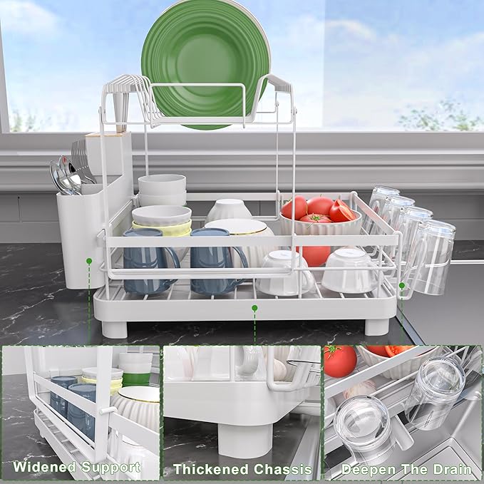Runnatal Dish Rack with Drainboard, 2-Tier Dish Drying Rack for Kitchen Counter and Sink, Detachable 2-in-1 Utensil Holder, Cup Holder, Large Capacity Dish Drainer, White