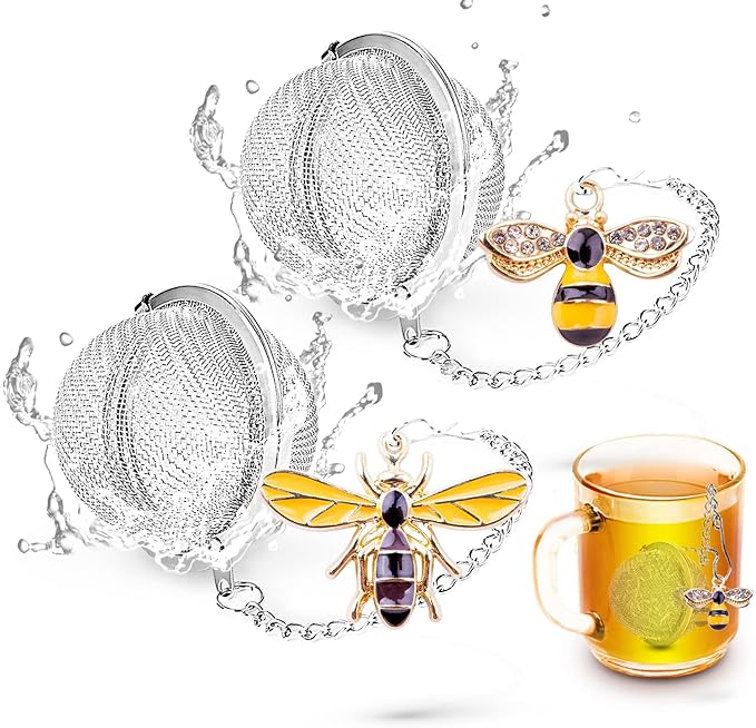 TeaSanavie Handmade Tea Ball Infusers - 2pcs, Honey Bee Strainers with Bee Charm Pendant for Loose Leaf Tea