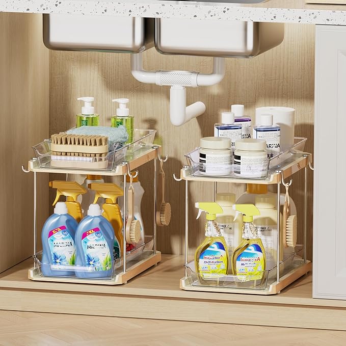 Delamu 2 Tier Bathroom Under Sink Organizers and Storage with Hook, Multi-Purpose Cabinet Drawers with Movable Dividers, Pull Out Organization for Countertop, Kitchen and Pantry(Wood Grain, 4 Pack)