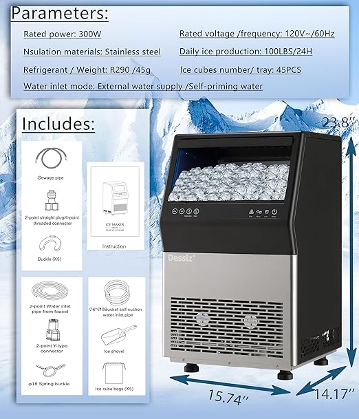 Dessiz Commercial Ice Maker Machine, 100Lbs/24H Freestanding Undercounter Ice Maker with 45pcs Storage Capacity, Self-Cleaning Ice Machine for Home, Bar, Restaurant, Office, Outdoor