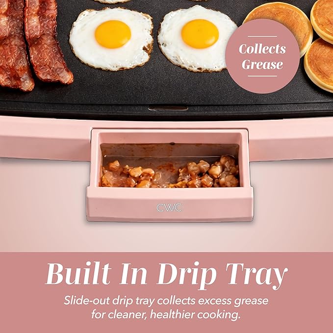 COOK WITH COLOR Electric Griddle 1200W, Nonstick Surface for Pancakes, Burgers, Eggs & More, Removable Temperature Control, Slide-Out Drip Tray, 10" x 16" Cooking Area, Dusty Rose
