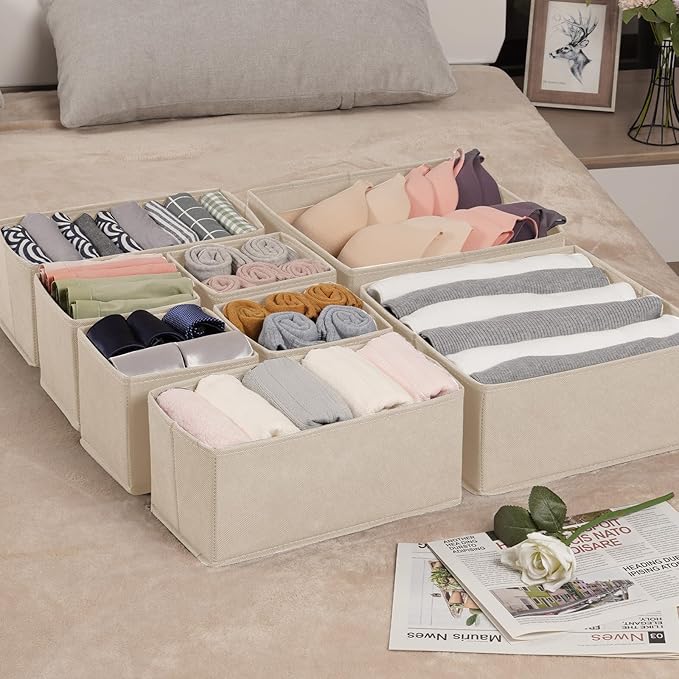 Criusia Drawer Organizer Clothes,16 Pack Underwear Drawer Organizers, Foldable Closet Organizers and Storage Dresser Drawer Dividers Clothing Organizer for Clothes, Socks, Scarves, Bra, Ties (Beige)