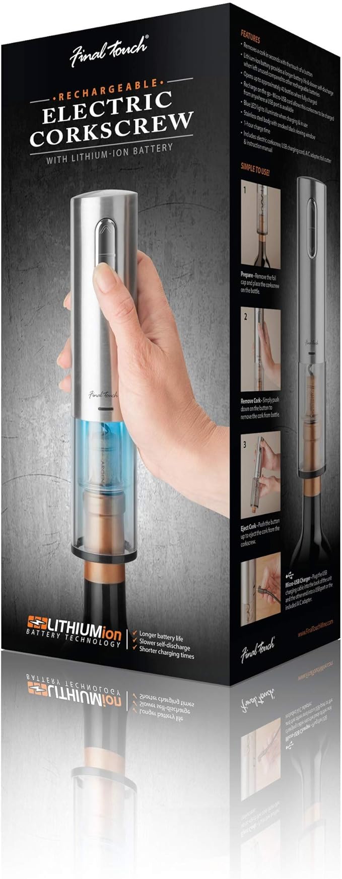 Final Touch Electric Corkscrew with Lithium-Ion Battery | Easy Cork Removal, USB Charging, LED Lights | Stainless Steel Wine Opener for Home and Parties (WO3032)
