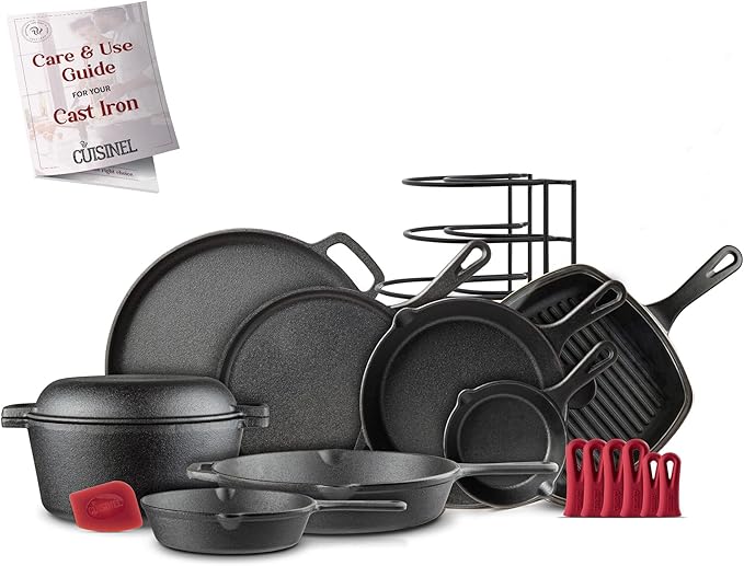 Cuisinel Cast Iron Cookware 18-Piece Set - Pre-Seasoned 6" + 8" + 10" + 12" Skillet + Grill Pan+Lid + Griddle + Pizza Pan + Dutch Oven+Pan Cover + Panrack + Silicone Handle Grips + Pan Scraper/Cleaner