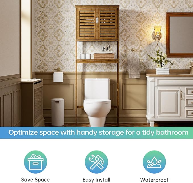 SMIBUY Bathroom Storage Shelf with Cabinet, Bamboo Over-The-Toilet Organizer Rack, Freestanding Toilet Space Saver with 3-Tier Adjustable Shelves (Walnut)