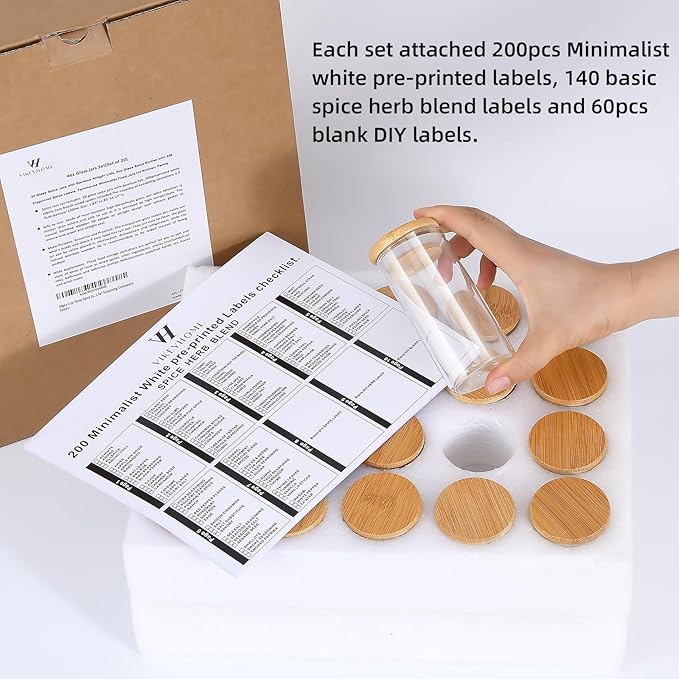 VIKEYHOME Spice Jars with Label, 20pcs 4 oz Glass Jars with Bamboo Airtight Lids, 200 Printed Spice Labels Waterproof Stickers for Seasoning Containers