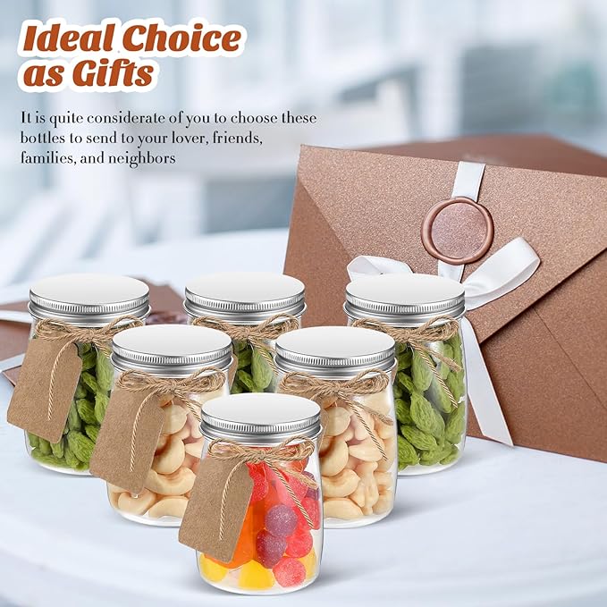 Nitial 50 Pack 5 oz Plastic Jars with Lids Bulk Yogurt Containers with Lids Gift Jars with DIY Craft Twine and Labels Gifts for Birthday Wedding Halloween Christmas Party Favor(Silver,Aluminum Lid)