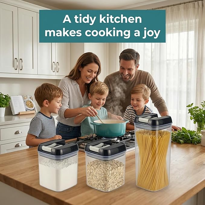 OMIO Airtight Food Storage Containers 5-Pack, BPA-Free Stackable Kitchen Canisters for Pantry Organization – Perfect for Cereal, Grains, Flour, Sugar, Snacks (1.9L, 1.2L, 0.8L x2, 0.5L)