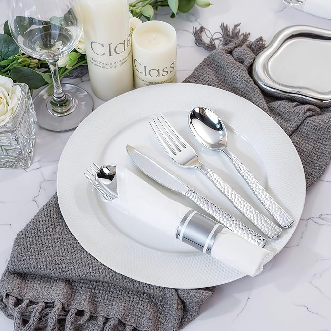 WELLIFE 400PCS Silver Plastic Silverware, Pre Rolled Silverware Set Disposable,Plastic Cutlery Includes: 100 Forks, 100 Knives, 100 Spoons, 100 Napkins, Cutlery Set Disposable