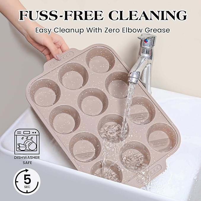 2 Pcs Silicone Muffin Pans for Baking with Metal Reinforced Frame, Nonstick Cupcake Tray for Oven, 12 Cups Regular Size Silicone Molds for Egg Bites, Dishwasher Safe (Brown, Cream)