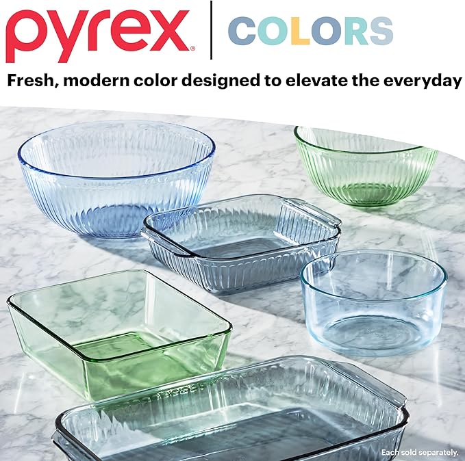 Pyrex Colors Tinted (3-Pack, Full Set) Sculpted Tinted Glass Mixing Bowls With Plastic Lids, Nesting Space Saving Set of Bowls For Prepping and Baking, 1.3QT, 2.3QT & 4.5QT
